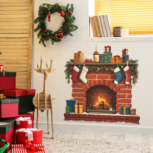 Christmas fireplace wall decal with colorful stockings and gift boxes for home decoration
