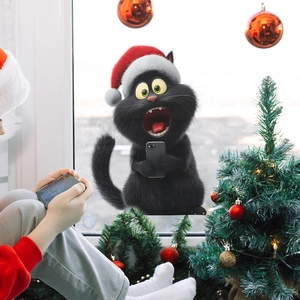 Sticker chat de Noël avec bonnet de Père Noël et smartphone pour décoration murale