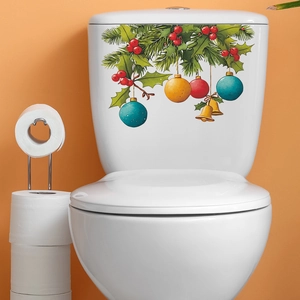 Sticker de toilette de Noël avec feuilles de houx vertes et boules de fête colorées