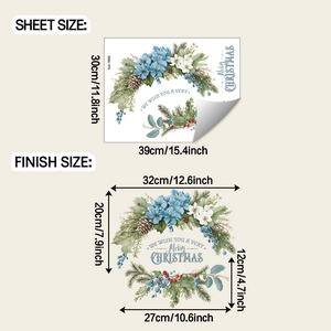 Detail showing Merry Christmas wall sticker sheets with floral wreath and size measurements
