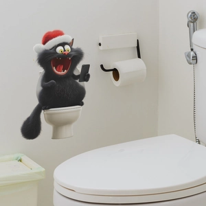Sticker chat de Noël humoristique sur les toilettes avec téléphone pour salle de bain