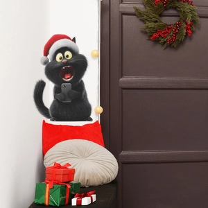 Sticker mural de Noël avec chat noir mignon utilisant un téléphone pour décor de fête