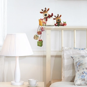 Cartoon Christmas reindeer wall stickers with colorful gift boxes for festive home decoration