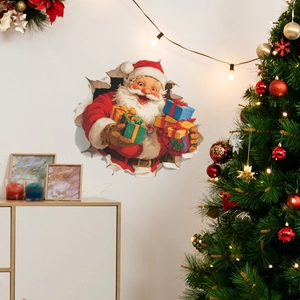 3D Christmas wall sticker featuring Santa Claus breaking through a wall with colorful gift boxes