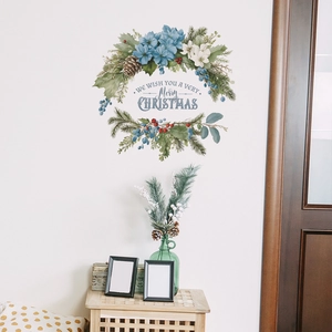 Self-adhesive Christmas floral wall sticker with Merry Christmas text and blue flowers