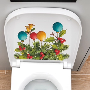 Sticker de toilette de Noël avec feuilles vertes, baies rouges et boules décoratives