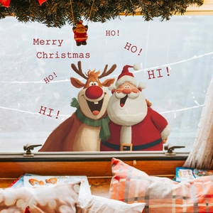 Stickers muraux Père Noël et renne avec texte Merry Christmas pour décor de fête