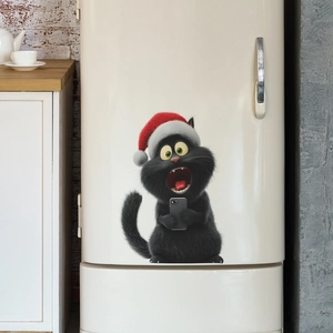 Sticker mural chat de Noël rigolo avec téléphone pour décoration murale intérieure