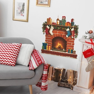 Christmas fireplace wall sticker with red brick pattern for living room festive decor