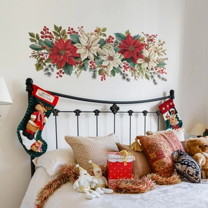 Christmas wall decal with red poinsettia and berries for cozy bedroom holiday decoration