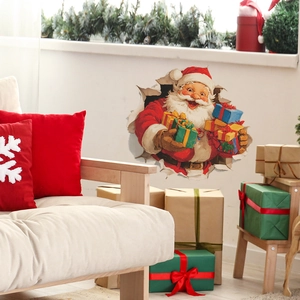 3D Christmas wall sticker of Santa Claus breaking through wall with colorful gift bags