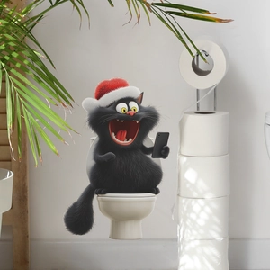 Sticker mural chat noir de Noël humoristique sur les toilettes pour salle de bain