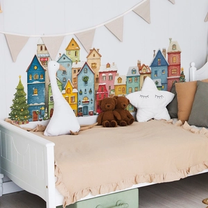 Stickers muraux ville de Noël avec maisons colorées et sapin pour décoration de la chambre