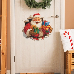 3D Christmas wall sticker featuring Santa Claus coming through wall with gift boxes