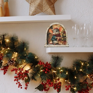 3D cartoon Christmas mouse wall sticker with gift box in festive home decor scene