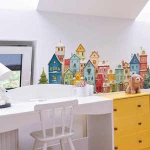 Stickers muraux de ville de Noël peints à la main avec maisons colorées et sapins