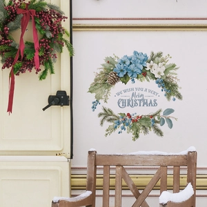 Self-adhesive Christmas floral wreath wall sticker with Merry Christmas slogan for home decor