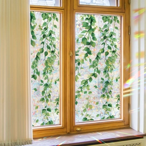 Film de fenêtre arc-en-ciel au motif de feuilles vertes pour l'intimité et décoration en verre