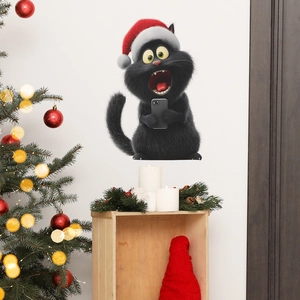 Sticker Mural Chat Noir Dessin Animé de Noël Jouant au Smartphone PVC Amovible Autocollant Fenêtre Chat Décoration Maison