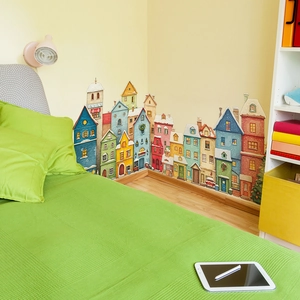Stickers muraux village de Noël pour chambre d'enfant avec petites maisons enneigées