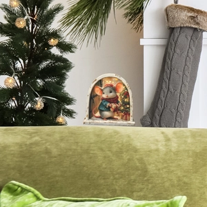 Detailed Christmas mouse wall sticker scene with festive miniature tree and gift boxes
