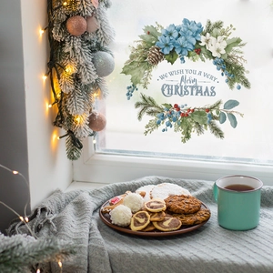 Christmas floral wreath window sticker with Merry Christmas slogan for home wall decor