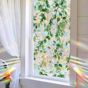 Film décoratif pour vitre à motif feuilles vertes avec effet arc-en-ciel prismatique