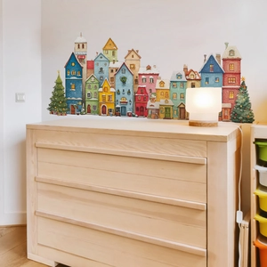 Stickers muraux village de Noël dessiné à la main avec maisons colorées et sapins