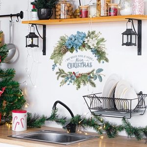 Christmas wall decal with blue hydrangea, pine cones and merry christmas slogan