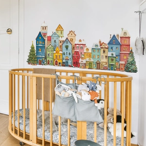 Stickers Muraux Ville Enneigée de Noël PVC Autocollant Dessin Animé Maison Européenne Sapin de Noël Décalcomanies Murales