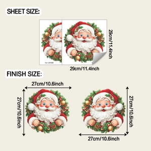 Detailed sheet size and finish size guide for Santa Claus wreath static window stickers