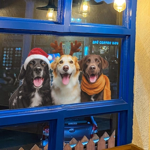 Christmas window decals featuring three festive dogs in Santa hats and reindeer antlers