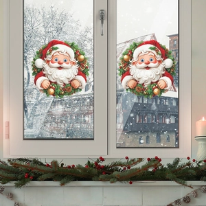 Christmas Santa Claus wreath window clings with colorful balls for festive home glass decor