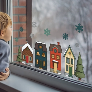 Christmas window static stickers featuring colorful snowy town houses and snowflakes decor