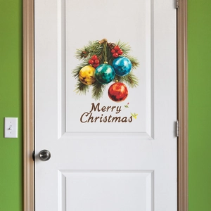 Christmas wall decal with pine needles, red berries and colorful hanging ornaments stickers