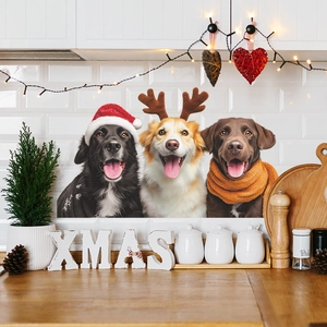 Christmas Dog Wall Stickers PVC Cute Pets Wearing Santa Hat Reindeer Antlers For Window Kitchen Home Decor Holiday Decal
