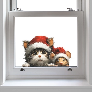Adesivo natalizio per finestre con gatto e topo 3D che indossano cappelli di Babbo Natale