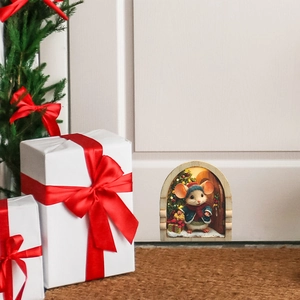 Detailed 3D Christmas mouse hole wall sticker with festive winter mouse and gift boxes