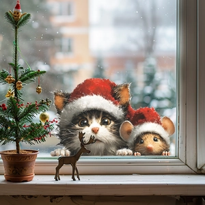 Adesivi natalizi per finestre con gatto e topo con cappelli di Babbo Natale per casa