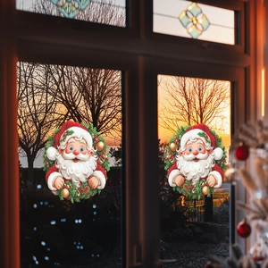 Cartoon Santa Claus Christmas wreath window clings on glass with warm home lighting