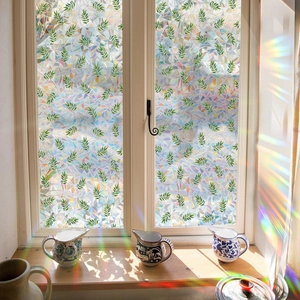 Rainbow 3D window film with green leaves and frosted privacy static cling decor