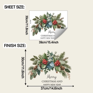 Detailed size chart for Christmas wall decal featuring pine cones and red berries motif
