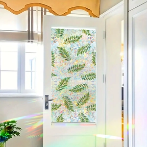 Tropical green leaves window film with mosaic pattern and rainbow refraction effect