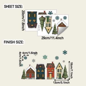 Detailed size guide for Christmas snowy town window stickers showing sheets and dimensions