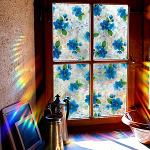 Laser blue floral stained glass window film with decorative 3D rainbow mosaic effect