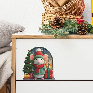 Detailed Christmas mouse wall sticker featuring a festive cartoon rat and tree on a white drawer
