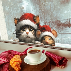 Adesivo natalizio per finestre con gatto e topo con cappelli di Babbo Natale e decorazioni