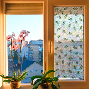 Rainbow effect frosted window film with green leaf pattern for home privacy decoration
