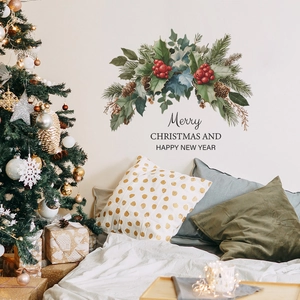 Christmas PVC Wall Sticker Watercolor Pine Cone Red Berry Garland Merry Christmas Happy New Year Home Decor Window Decal