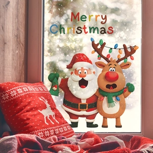 Festive Christmas wall stickers featuring Santa Claus and reindeer with Merry Christmas text